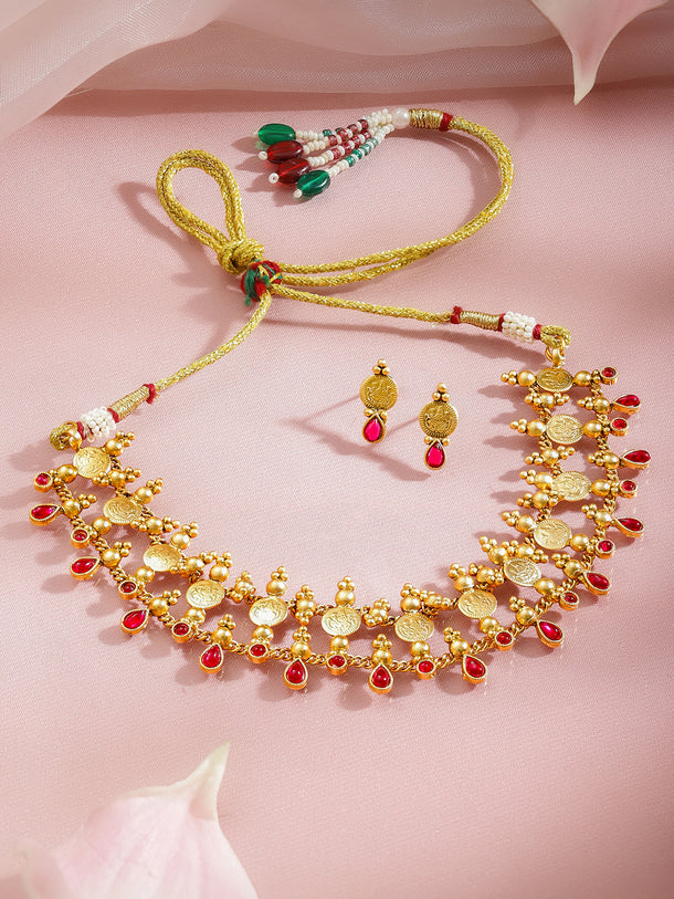 Laxmi Motif Gold Toned Ruby Necklace Set