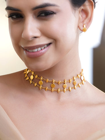 Layered Coin Motif Temple Choker Set