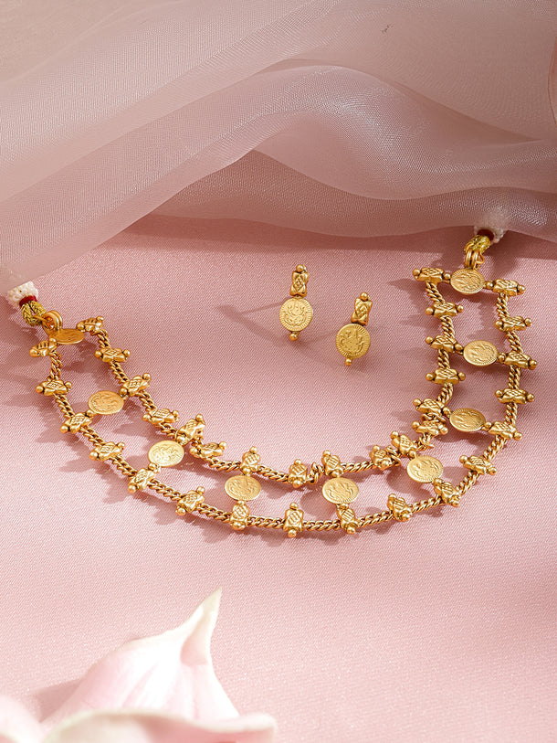 Layered Coin Motif Temple Choker Set