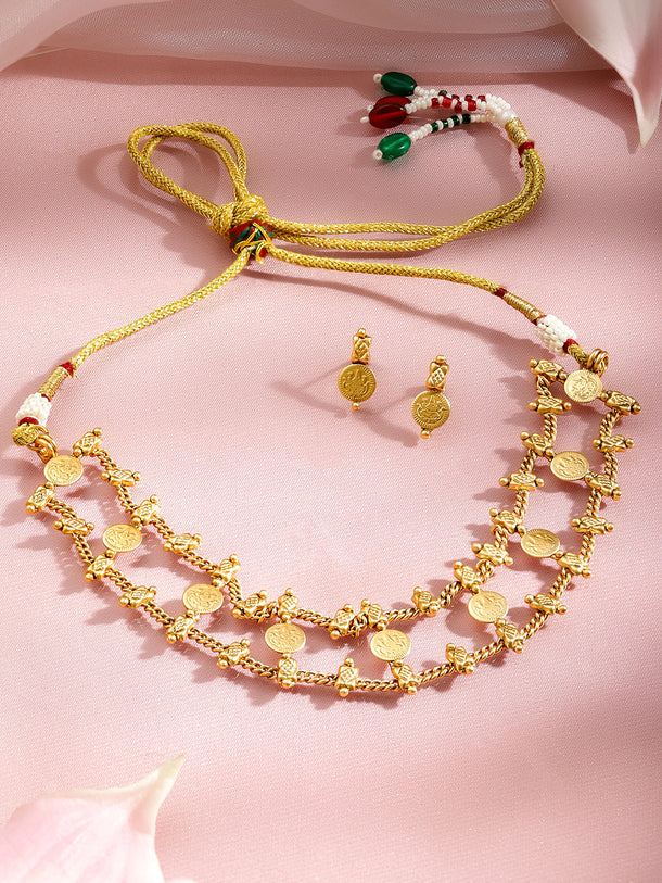Layered Coin Motif Temple Choker Set