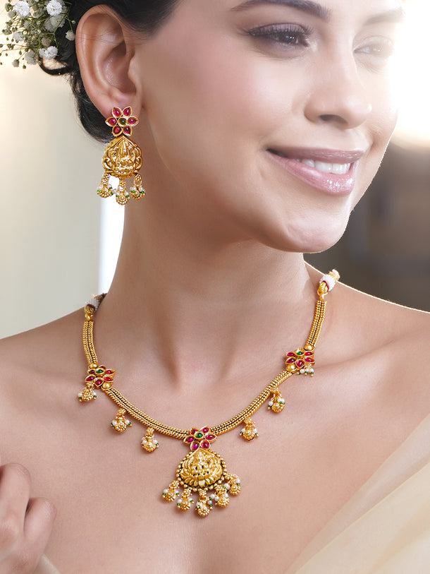 Pink Studded Floral Gold Temple Necklace Set