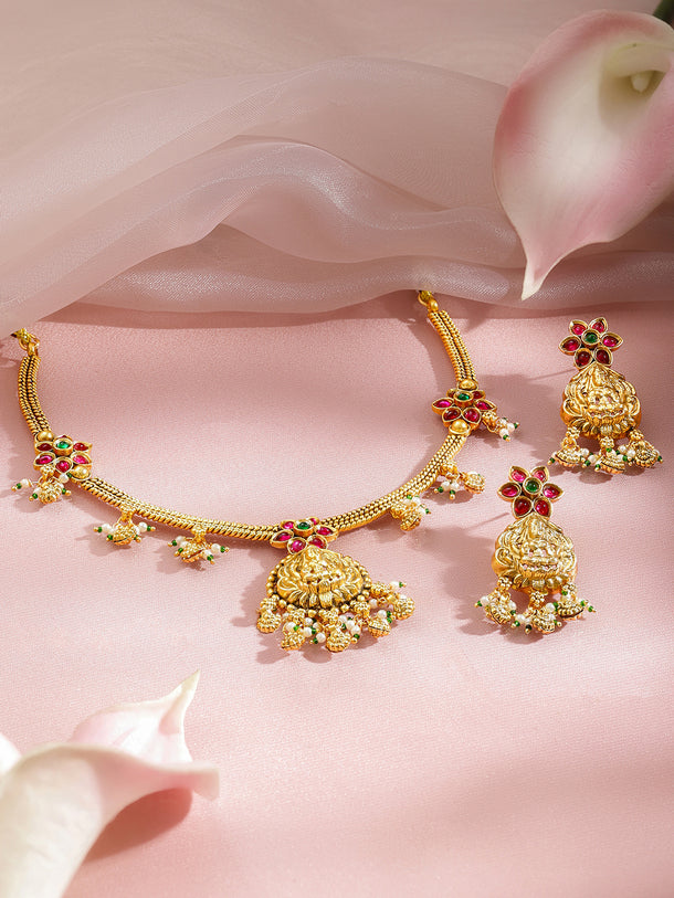 Pink Studded Floral Gold Temple Necklace Set