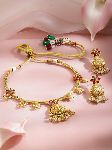 Pink Studded Floral Gold Temple Necklace Set