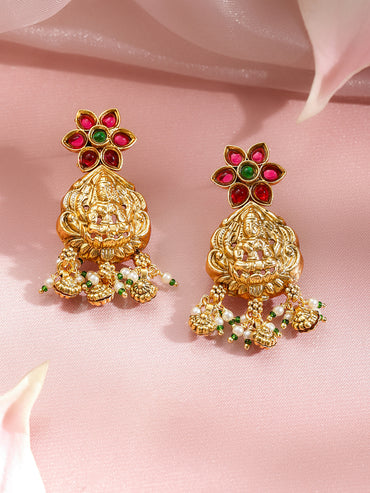 Pink Studded Floral Gold Temple Necklace Set