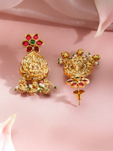 Pink Studded Floral Gold Temple Necklace Set