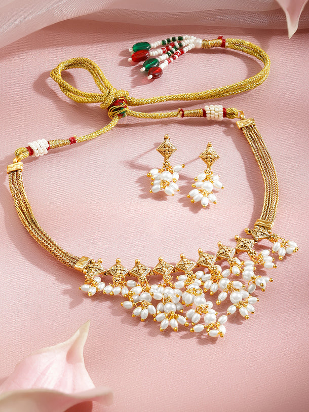 Floral Motif Pearl Drop Gold Necklace Set