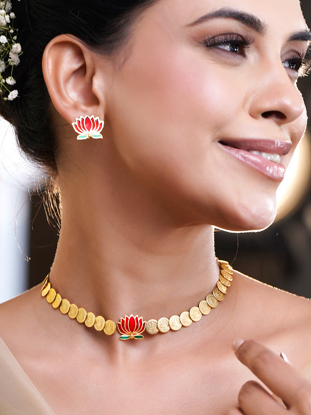 Lotus Motif Coin Pattern Temple Necklace Set