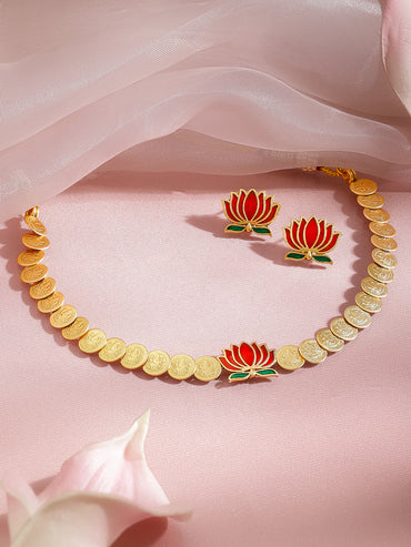 Lotus Motif Coin Pattern Temple Necklace Set
