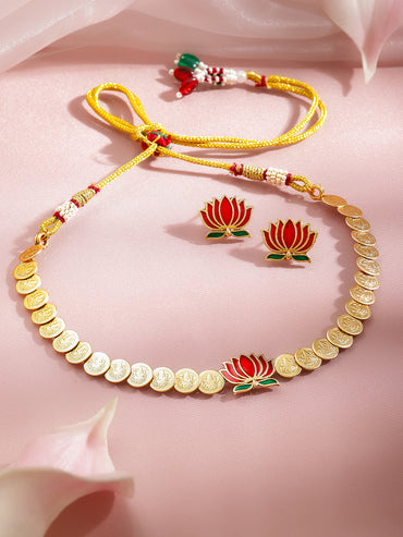 Lotus Motif Coin Pattern Temple Necklace Set