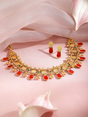 Ruby Studded Coin Pattern Temple Necklace Set