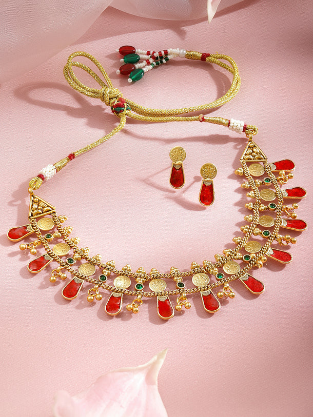 Ruby Studded Coin Pattern Temple Necklace Set