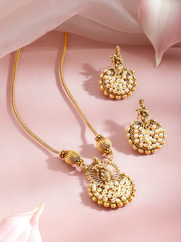 Laxmi Motif Pearl Embellished Pendant Necklace Set