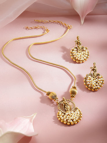 Laxmi Motif Pearl Embellished Pendant Necklace Set