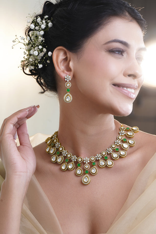 Emerald Accent Gold Diamond Necklace Set