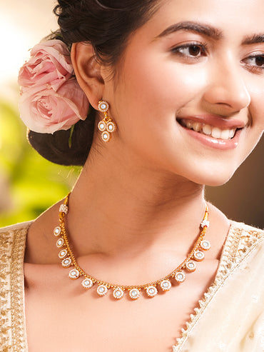 Gold Plated Brass White Kundan Pearl Charm Necklace Set