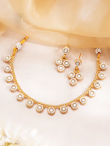 Gold Plated Brass White Kundan Pearl Charm Necklace Set