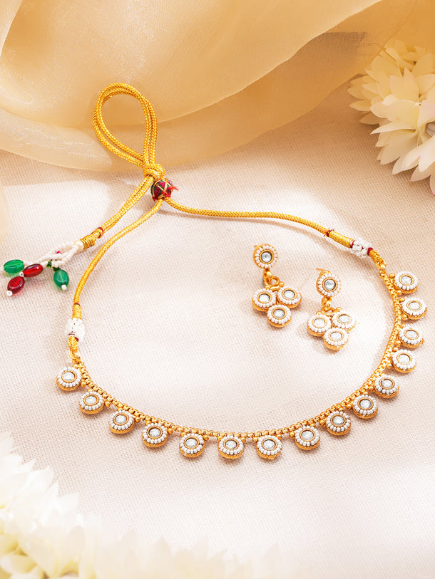 Gold Plated Brass White Kundan Pearl Charm Necklace Set