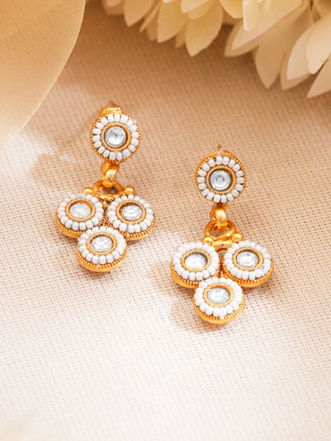 Gold Plated Brass White Kundan Pearl Charm Necklace Set