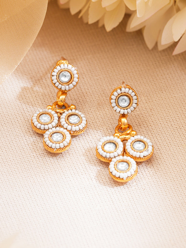 Gold Plated Brass White Kundan Pearl Charm Necklace Set