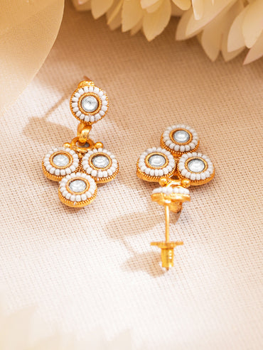 Gold Plated Brass White Kundan Pearl Charm Necklace Set