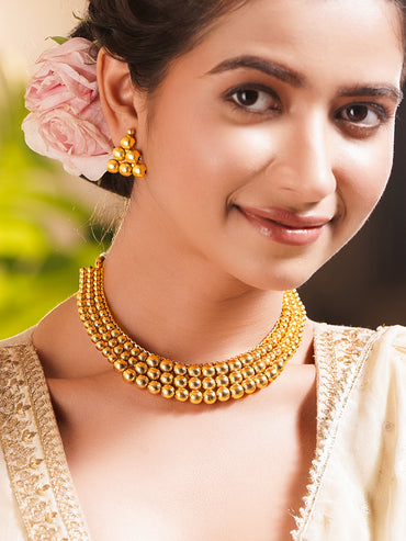 Gold Plated Brass Gold Beaded Layered Choker Necklace Set