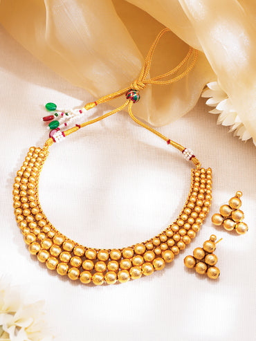 Gold Plated Brass Gold Beaded Layered Choker Necklace Set