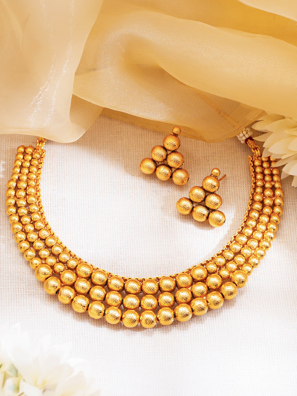 Gold Plated Brass Gold Beaded Layered Choker Necklace Set