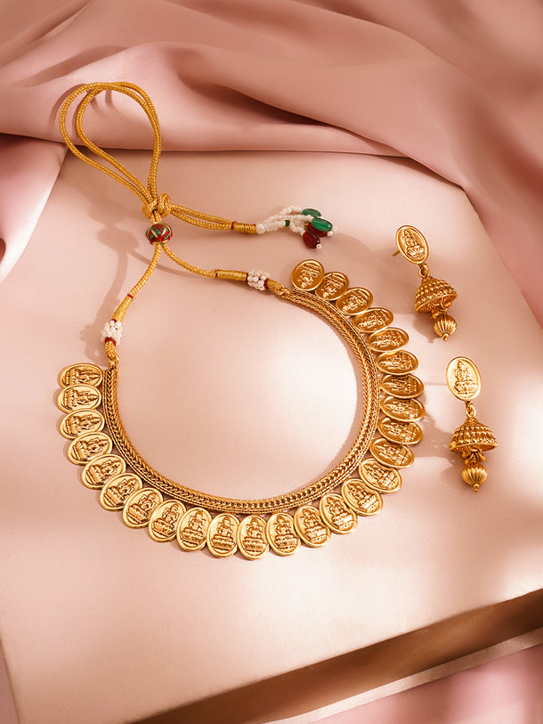 Gold Plated Brass Gold Temple Charm Necklace Set