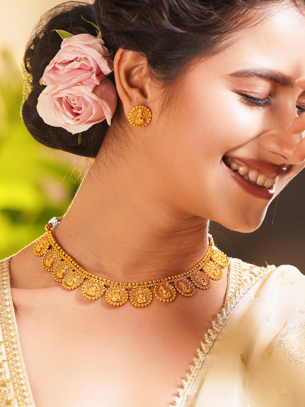 Gold Plated Brass Gold Temple Coin Necklace Set