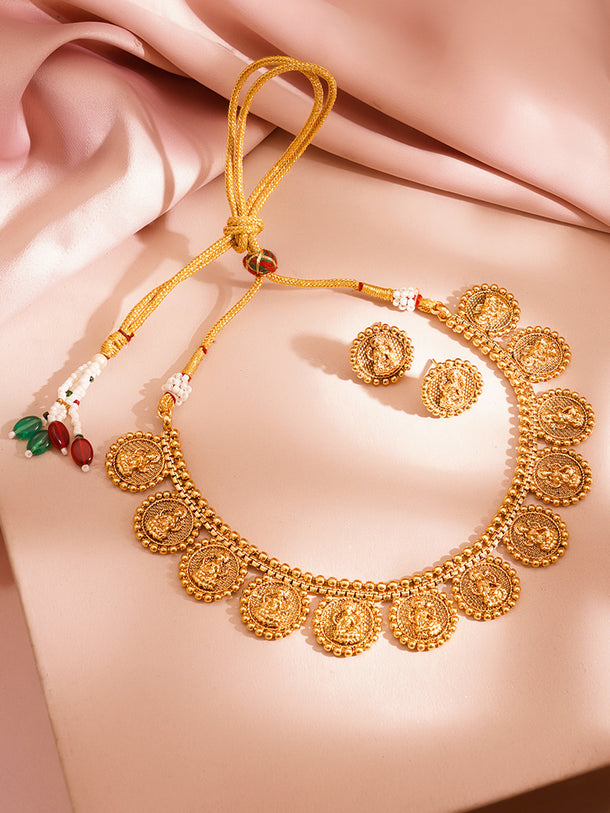 Gold Plated Brass Gold Temple Coin Necklace Set