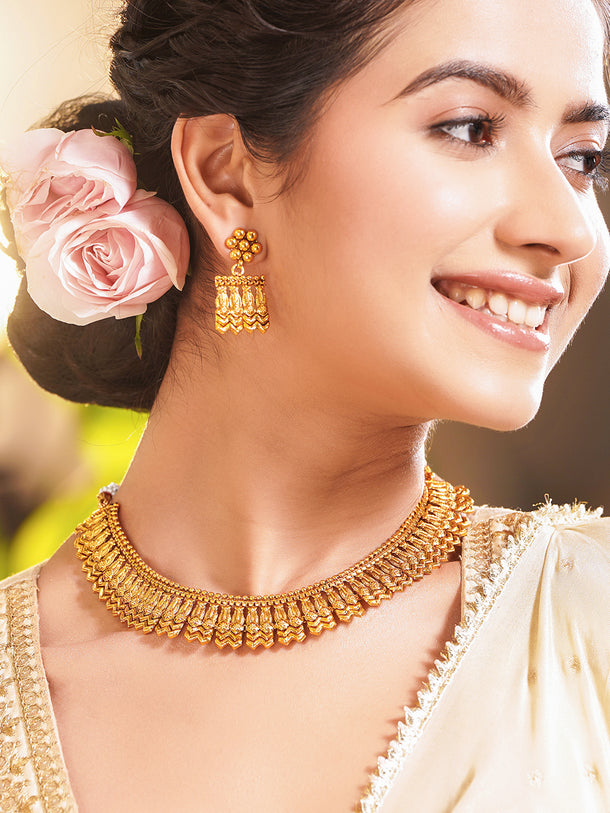 Gold Plated Brass Gold Geometric Fringe Choker Necklace Set