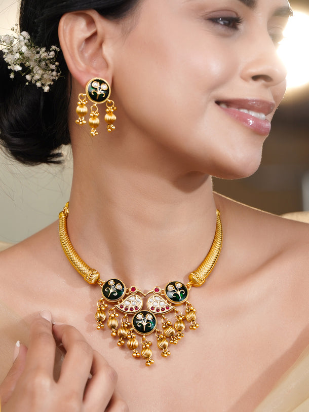 Festive Gold Kundan-Enamel Statement Necklace Set