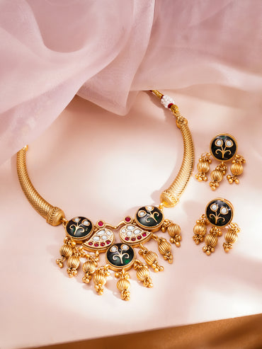 Festive Gold Kundan-Enamel Statement Necklace Set