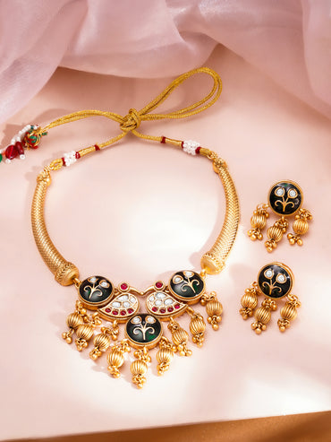 Festive Gold Kundan-Enamel Statement Necklace Set