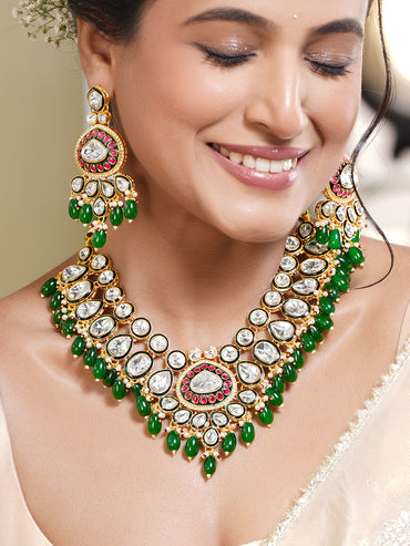Rubans 22K Gold Plated Brass Kundan Green Beads Bridal Jewellery Set