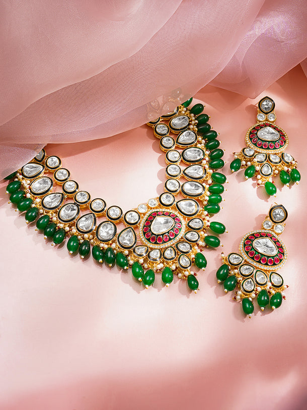 Rubans 22K Gold Plated Brass Kundan Green Beads Bridal Jewellery Set