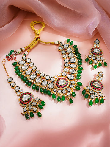 Rubans 22K Gold Plated Brass Kundan Green Beads Bridal Jewellery Set