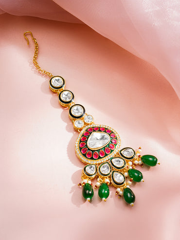 Rubans 22K Gold Plated Brass Kundan Green Beads Bridal Jewellery Set