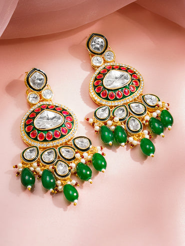 Rubans 22K Gold Plated Brass Kundan Green Beads Bridal Jewellery Set