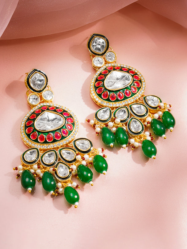 Rubans 22K Gold Plated Brass Kundan Green Beads Bridal Jewellery Set