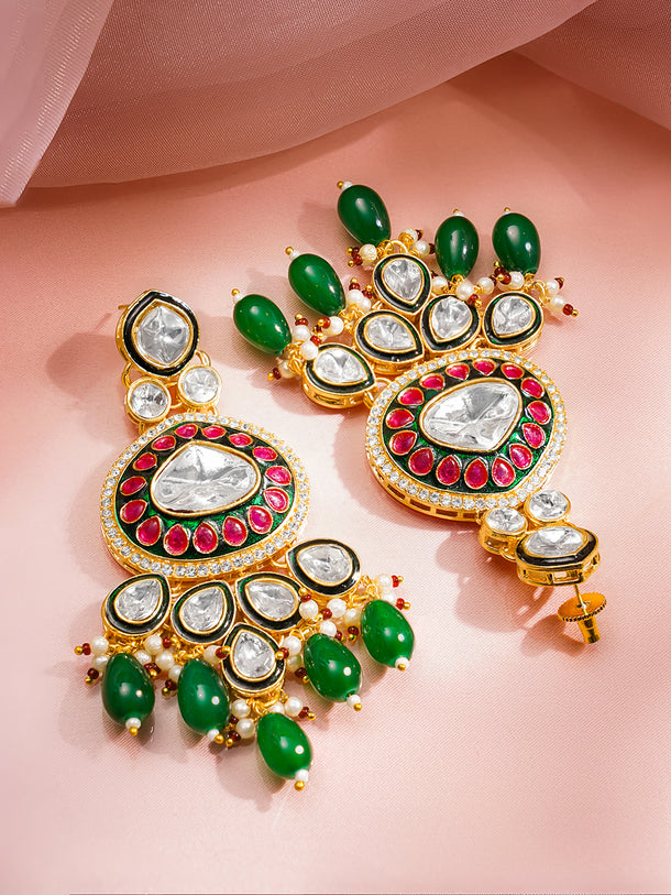 Rubans 22K Gold Plated Brass Kundan Green Beads Bridal Jewellery Set