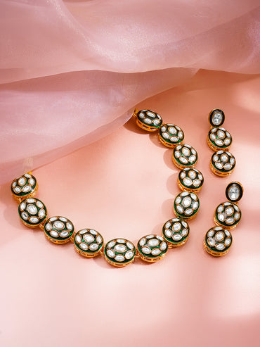 Gold Brass Kundan & Enamel Statement 18K Gold Plated Necklace Set