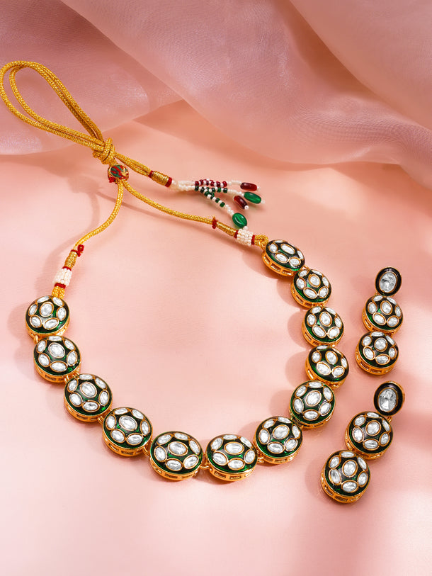 Gold Brass Kundan & Enamel Statement 18K Gold Plated Necklace Set