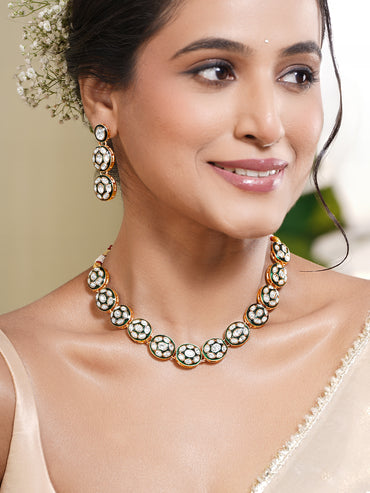 Gold Brass Kundan & Enamel Statement 18K Gold Plated Necklace Set