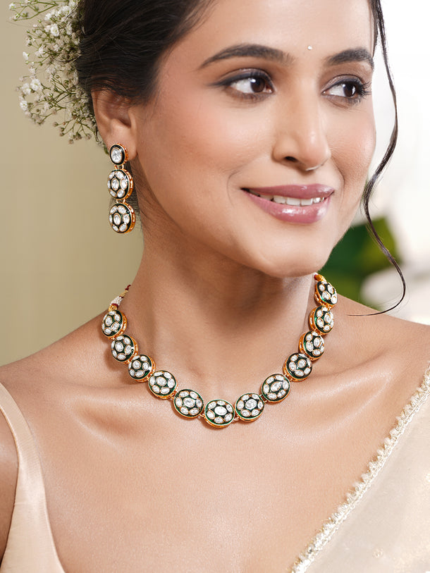 Gold Brass Kundan & Enamel Statement 18K Gold Plated Necklace Set