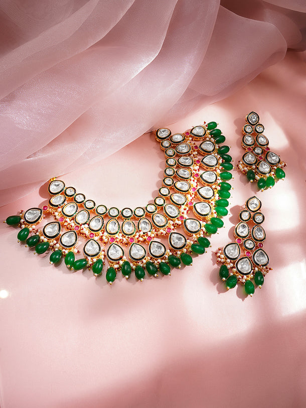 Rubans 18K Gold Plated Brass Kundan Studded Green Beaded Bridal Jewellery Set