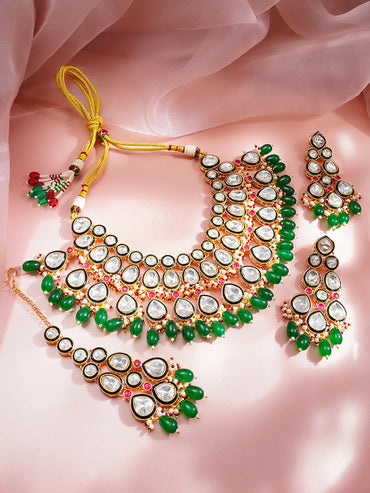 Rubans 18K Gold Plated Brass Kundan Studded Green Beaded Bridal Jewellery Set
