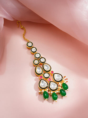 Rubans 18K Gold Plated Brass Kundan Studded Green Beaded Bridal Jewellery Set