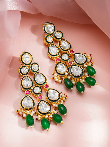 Rubans 18K Gold Plated Brass Kundan Studded Green Beaded Bridal Jewellery Set