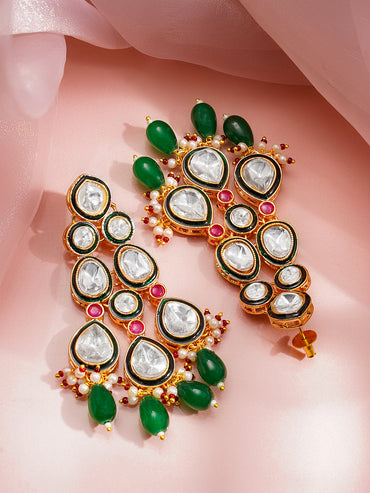 Rubans 18K Gold Plated Brass Kundan Studded Green Beaded Bridal Jewellery Set